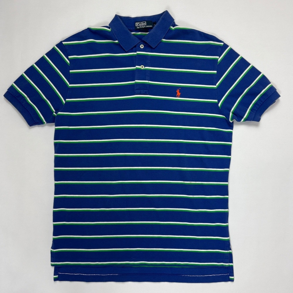 Polo Ralph Lauren Mens L Blue Green Striped Short Sleeve Pique Polo Shirt